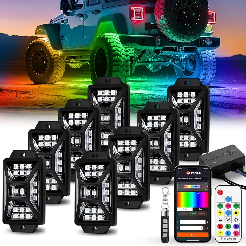 DITRIO 8 Pods Five Sided RGB Rock Lights for Trucks Jeep UTV SUV ATV Golf Cart, Multi Chasing Color App/Remote Control Led Rock Lights with Music Mode, Waterproof Exterior Underglow Kits for Cars - Image 1